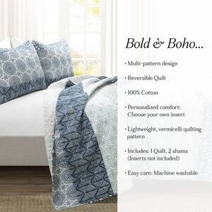 Lush Decor -  Bohemian Stripe Reversible Cotton Quilt Blue